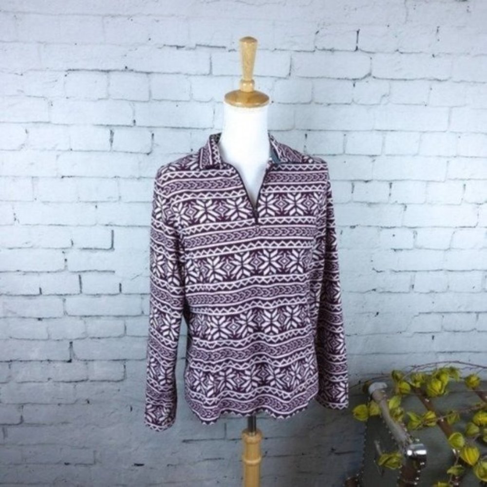 Land's End Fair Isle Print Fleece Top Burg Small